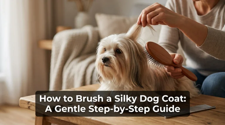 How to brush a silky dog coat gently with a pin brush in a calm home setting