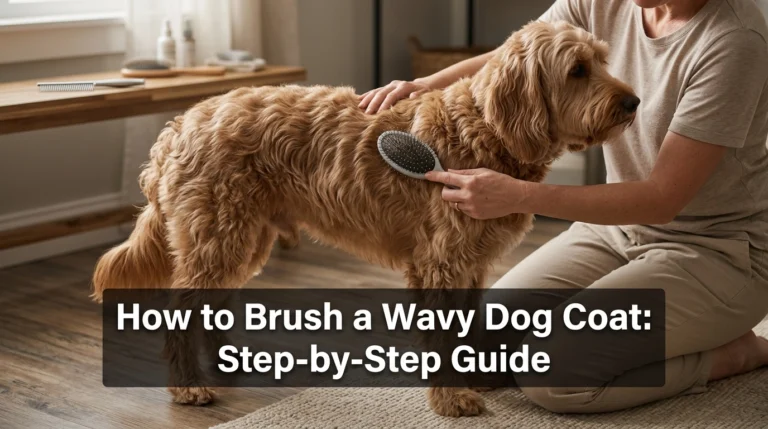 Owner learning how to brush a wavy dog coat with a pin brush