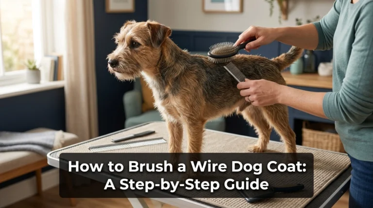 Owner learning how to brush a wire dog coat with a pin brush and comb