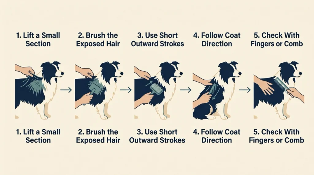 Five-step Border Collie line brushing process showing gentle brushing and final comb check.