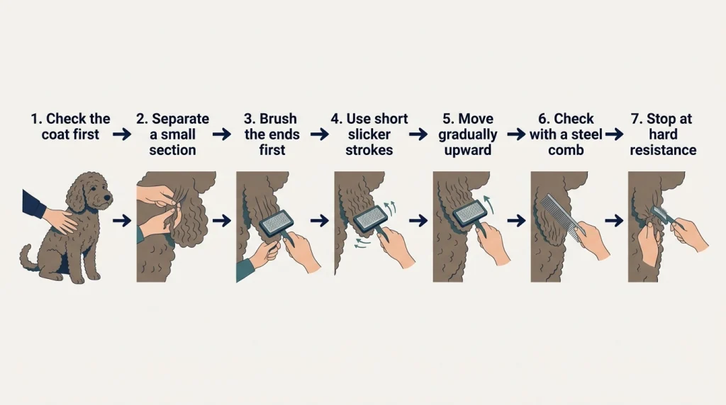 Seven-step line-brushing process for curly-coated dogs using slicker brush and comb