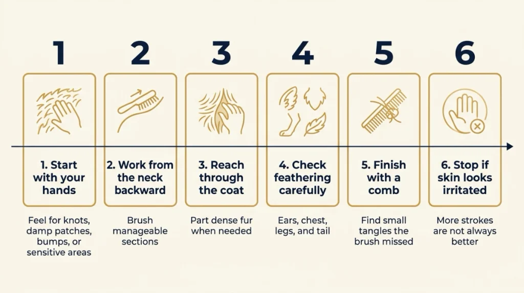Six-step infographic showing how to brush a Golden Retriever correctly