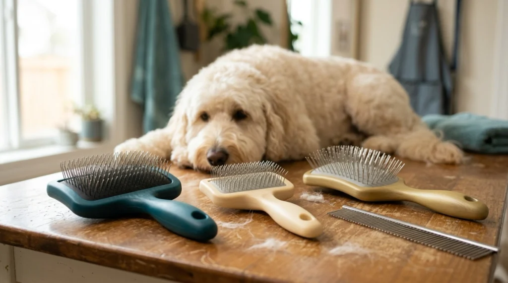 Seven-step infographic showing how to brush a Goldendoodle gently using a slicker brush and metal comb.