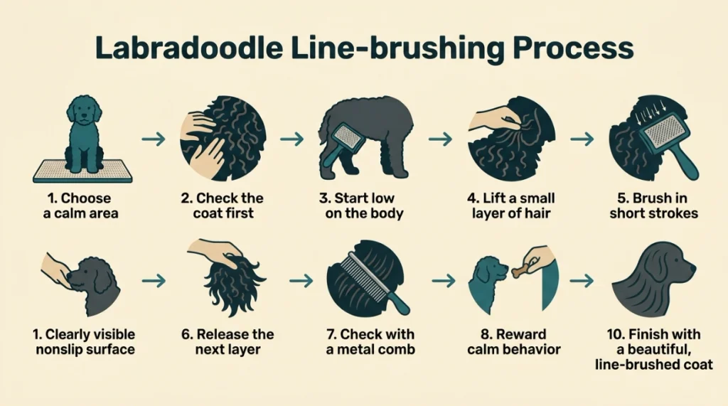 What brush is best for a Labradoodle? Eight-step line-brushing process from coat check to final comb check.