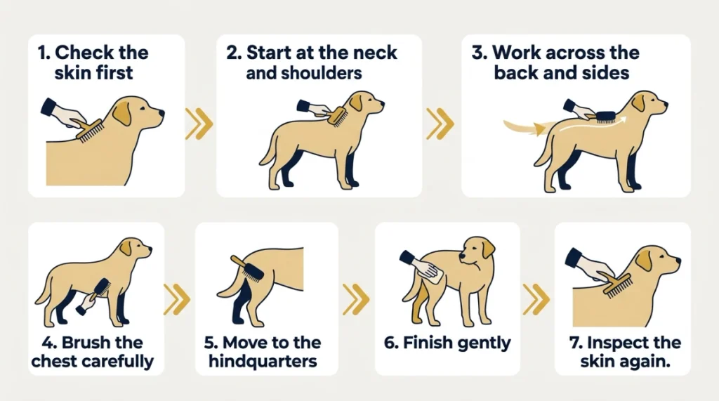 Seven-step Labrador brushing infographic from skin check through gentle finishing and inspection.