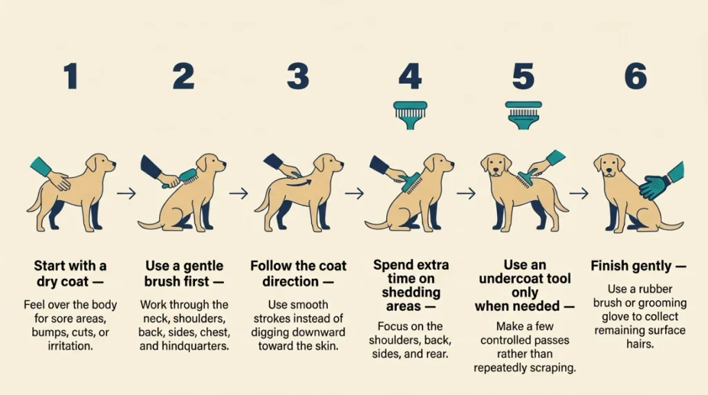 Six-step infographic showing how to brush a Labrador Retriever properly and safely