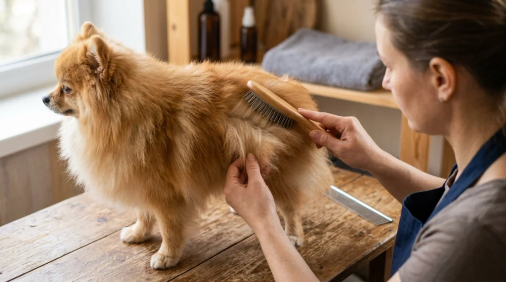 Groomer line brushing a Pomeranian’s double coat with a long-pin slicker brush