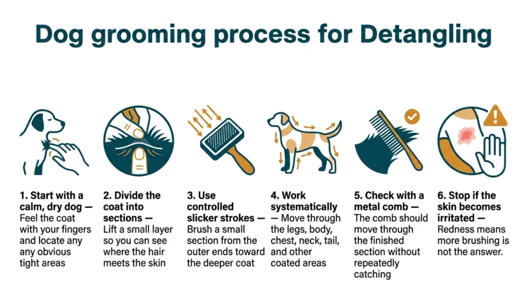 Six-step infographic showing how to brush a Poodle coat with a slicker and metal comb.