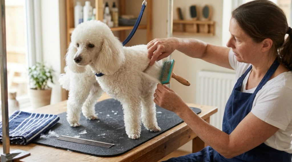 Owner gently line-brushing a Poodle with slicker brush before checking the coat with a steel comb