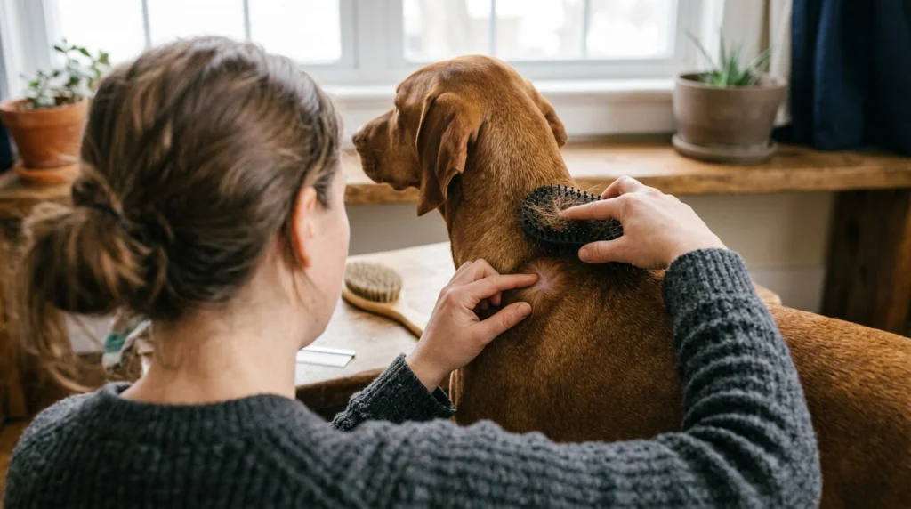 Owner gently brushing and checking the skin of a short-haired dog