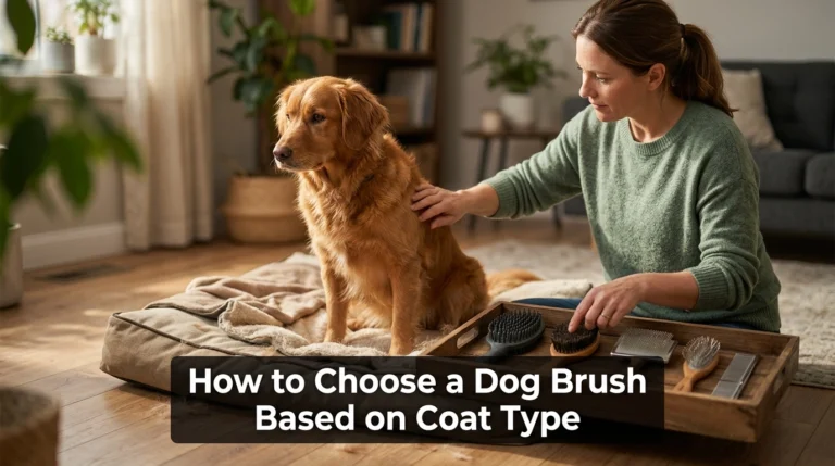 Dog owner choosing brushes for different dog coat types at home