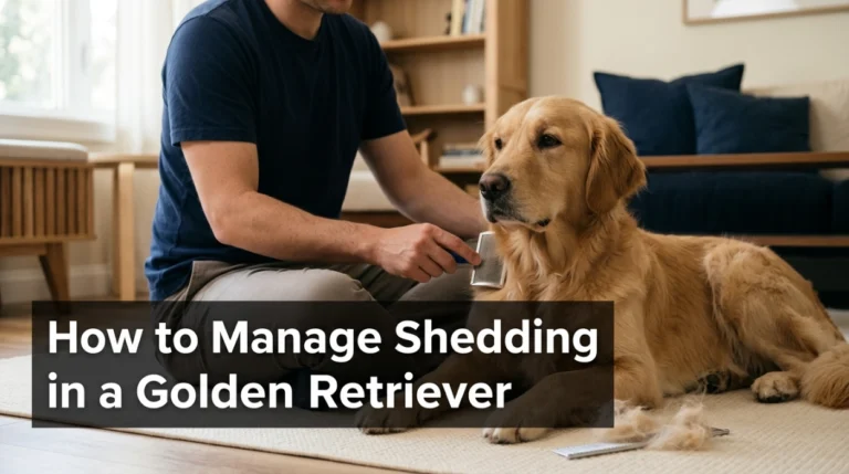 Owner demonstrates how to manage shedding in a Golden Retriever with gentle brushing.