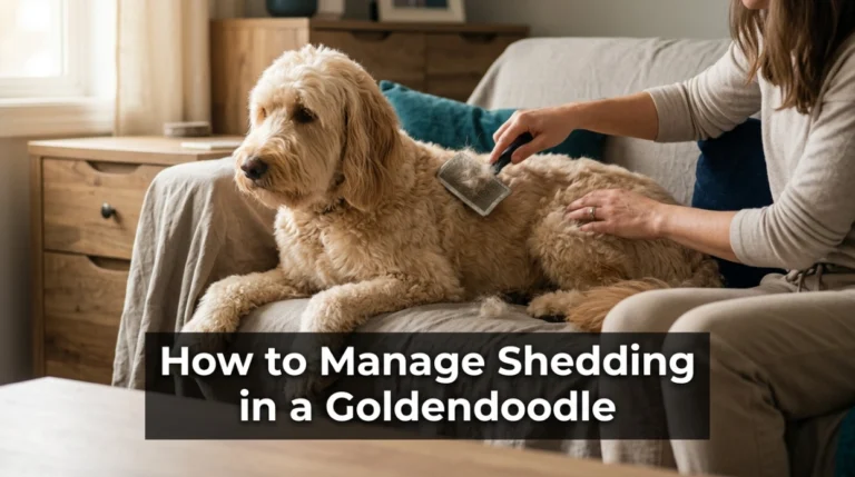 Owner brushing a Goldendoodle to manage shedding and remove loose hair