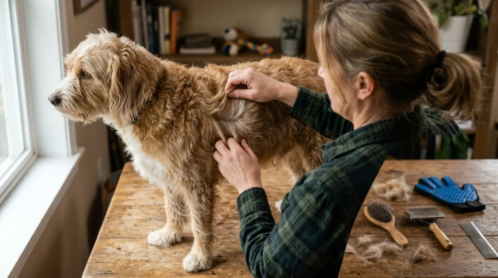 Dog owner checking coat length, texture, undercoat, and shedding before selecting a grooming tool