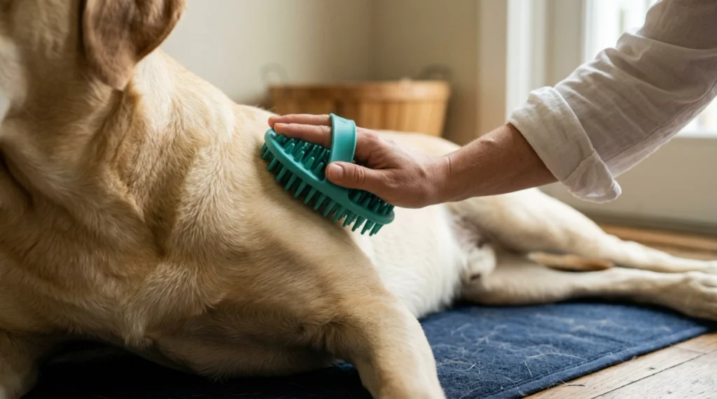 Owner gently parts a dog’s coat to inspect its skin during a paused de-shedding session.