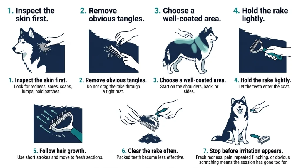 Seven-step undercoat rake safety diagram covering skin checks, gentle strokes, rake cleaning, and stopping signs.