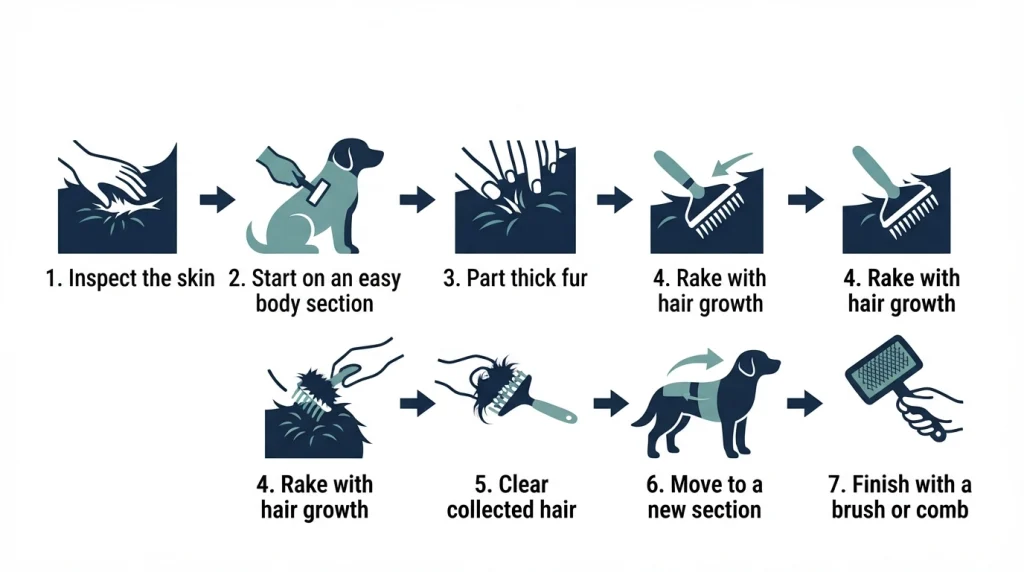 Seven-step infographic showing how to use a dog grooming rake on a double-coated dog