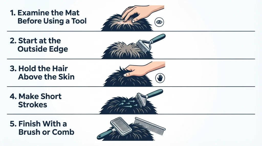 Five-step safety infographic for inspecting, separating, and finishing a matted dog coat.