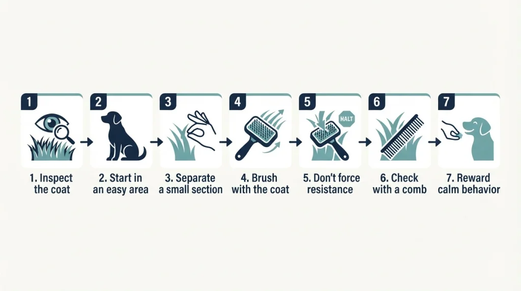 Seven-step infographic showing how to use a pin brush correctly on a dog
