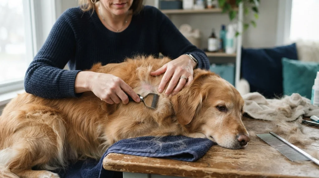 Owner safely using a dog dematting tool while supporting fur near the skin