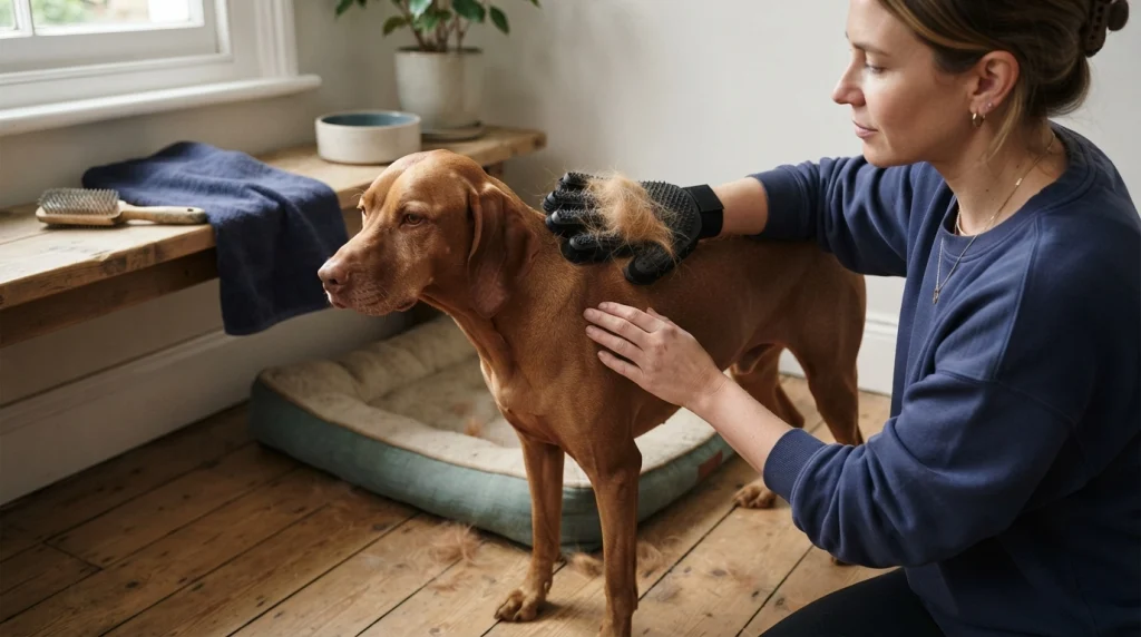 Owner gently using a dog grooming glove in the direction of a short-haired dog's coat