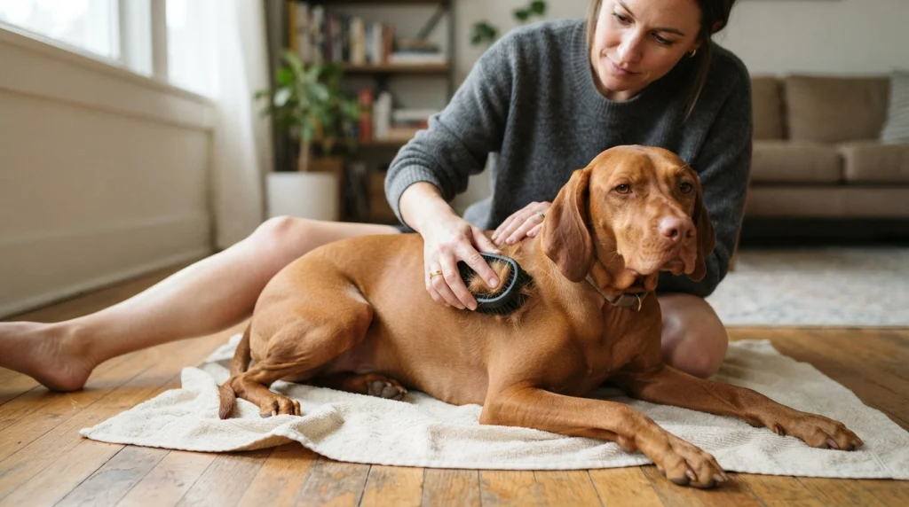 Owner gently using a rubber curry brush along a short-coated dog's hair growth