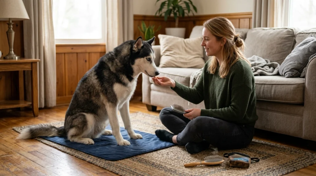 Owner calmly introducing a brush to a Husky and rewarding relaxed behavior with a treat