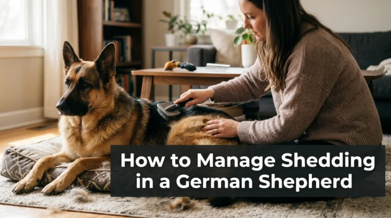 German Shepherd being brushed during a shedding management routine
