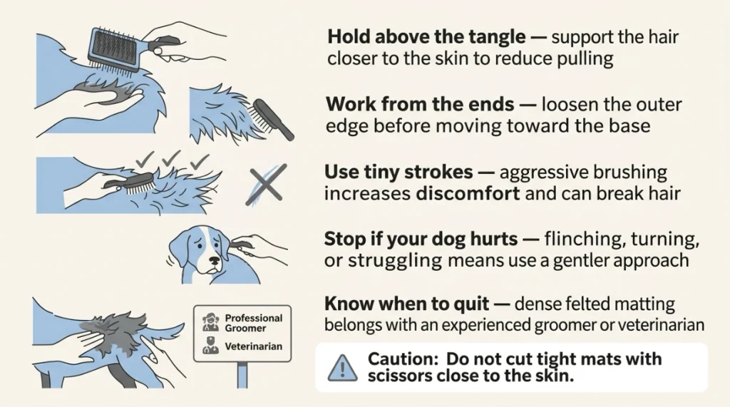 Checklist showing safe ways to handle Poodle mats without painful pulling