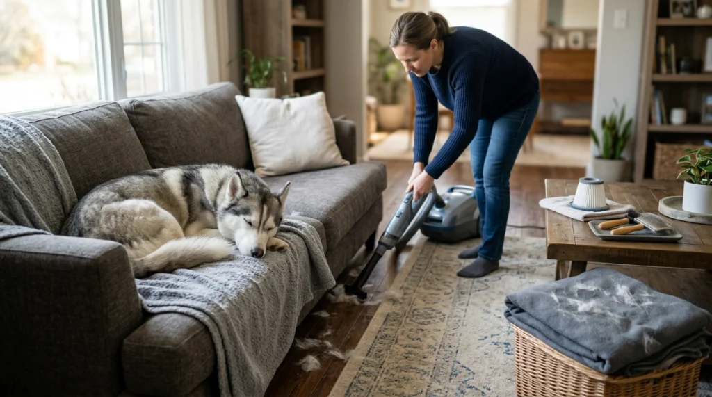 Owner vacuuming Siberian Husky fur while using washable throws and maintaining grooming tools