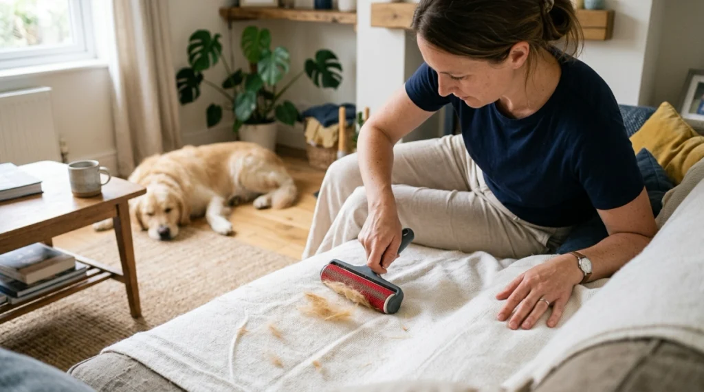 Owner removes Golden Retriever fur from a washable sofa throw with a reusable hair remover.