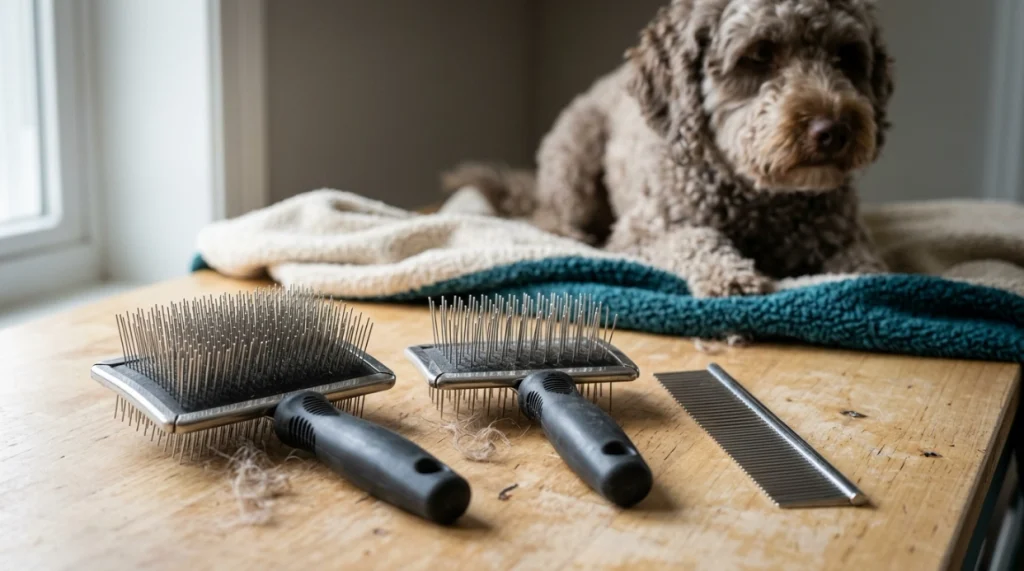 What brush is best for a Labradoodle? Two long-pin slicker brushes and a 7.5-inch steel comb.