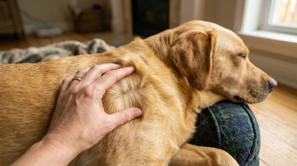 Close-up of a Labrador's firm outer coat and soft dense undercoat.