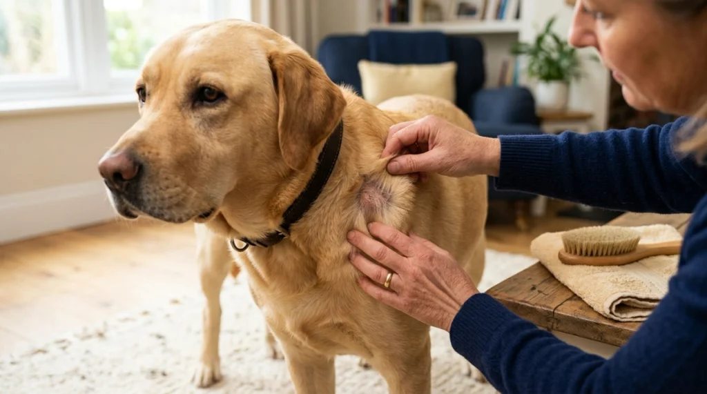 Labrador coat inspection showing localized thinning that may differ from normal shedding