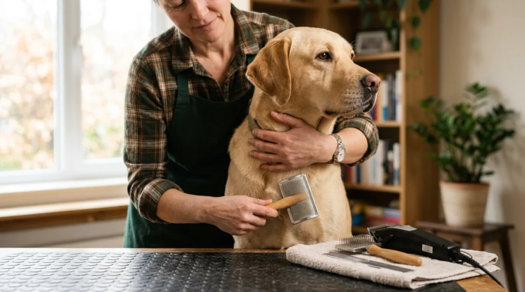 Labrador groomed gently without excessive pressure, repeated scraping, or routine coat shaving