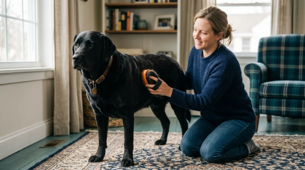 Labrador Retriever gently brushed during heavy seasonal shedding to remove loose undercoat