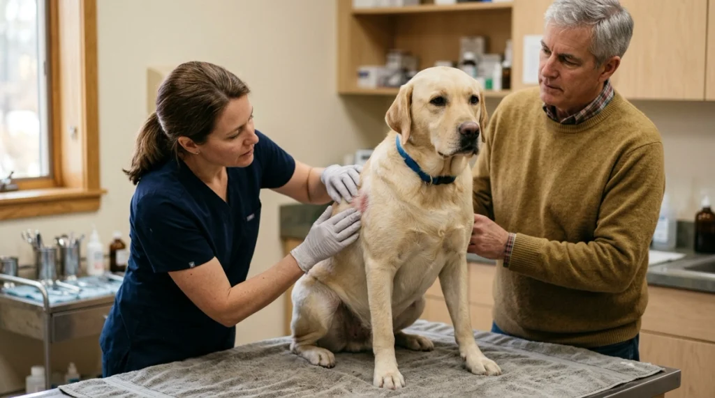 Veterinarian checking Labrador skin for redness, thinning fur and unusual shedding signs