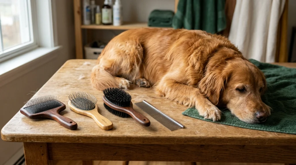 Slicker brush, pin brush, combo brush, and comb arranged beside a long-haired dog