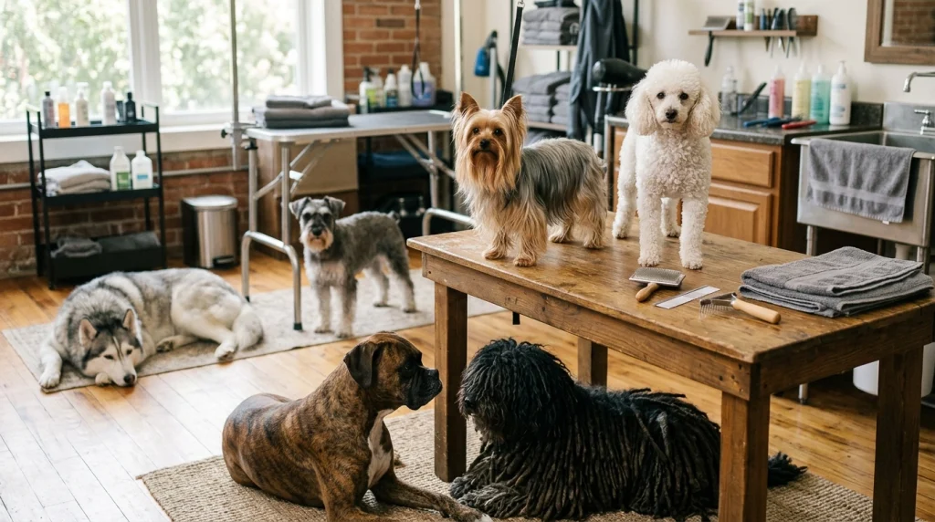 Dogs showing smooth, long, double, curly, wiry, and corded coat types