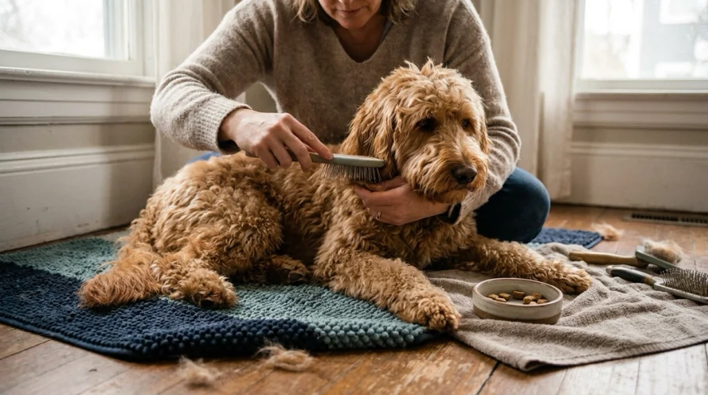 Calm Goldendoodle being gently brushed in small sections while receiving positive rewards.