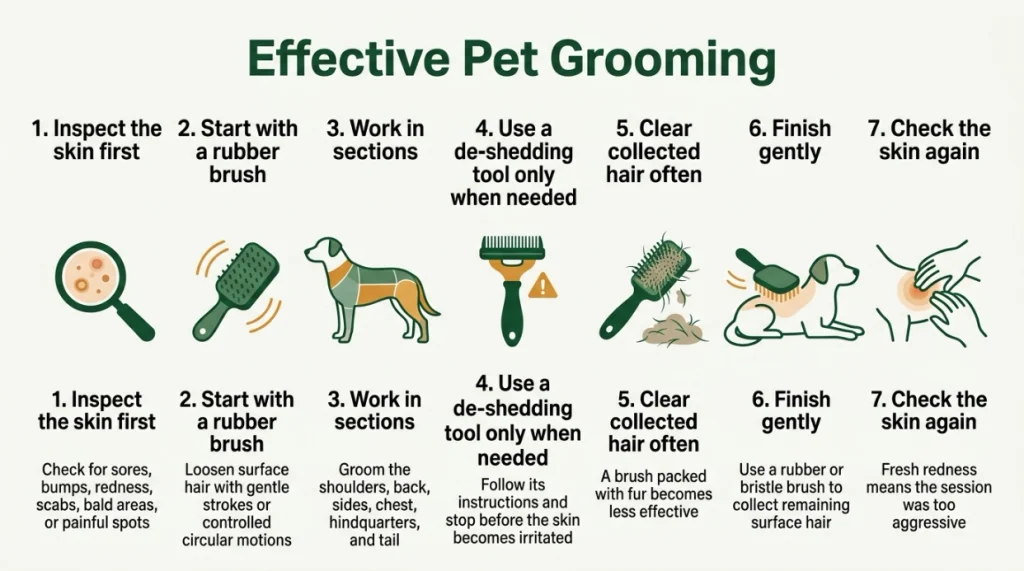 Seven-step Labrador shedding routine covering skin checks, brushing sections, and gentle de-shedding