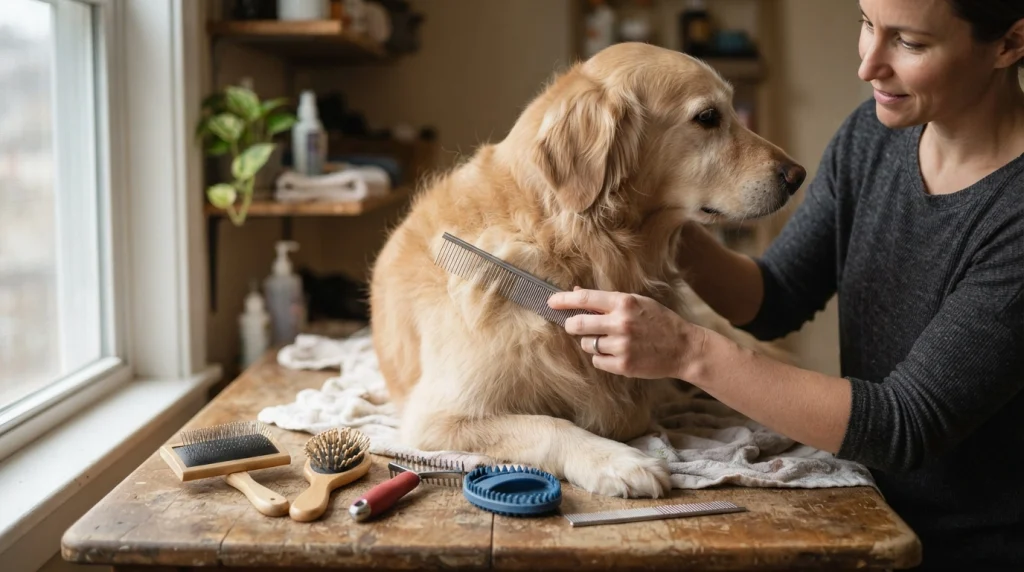 Metal dog grooming comb beside slicker, pin brush, rake and rubber grooming tool