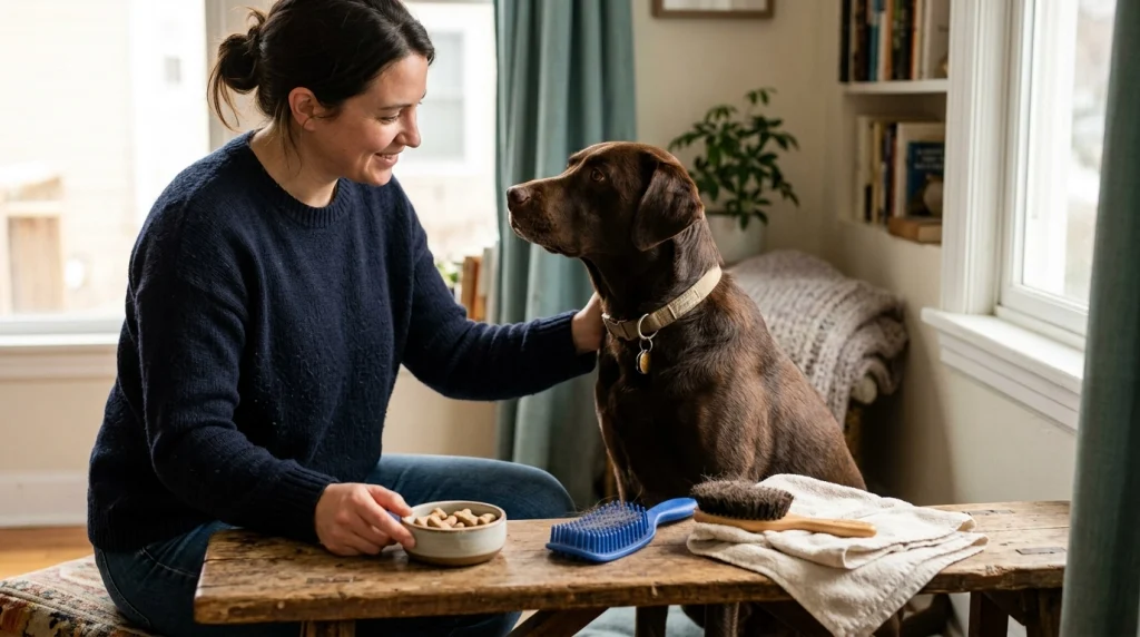 Short-haired dog beside rubber brush, bristle brush, towel and treats after grooming
