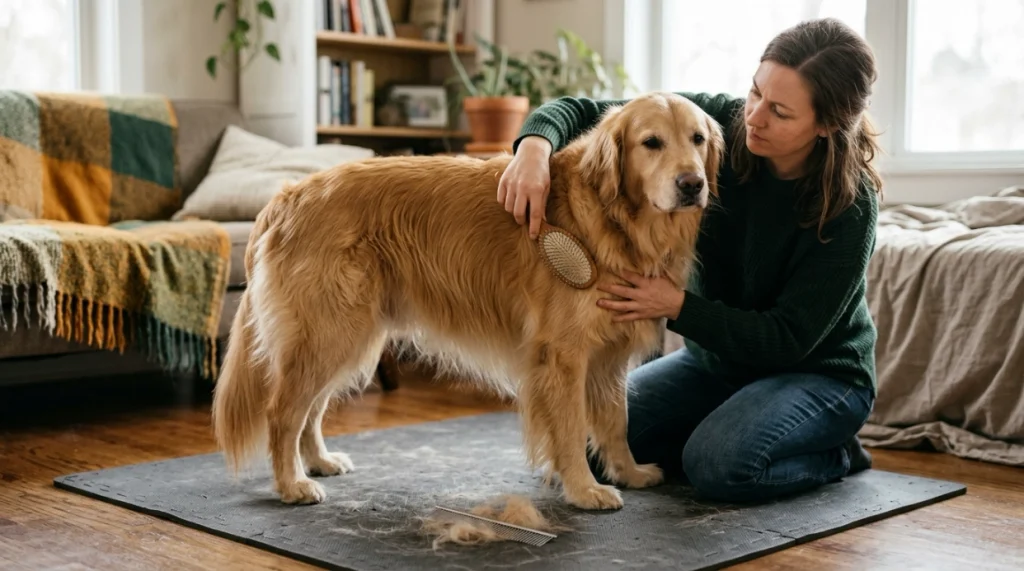 Owner uses a pin brush on a long-coated dog while a metal grooming comb rests nearby.