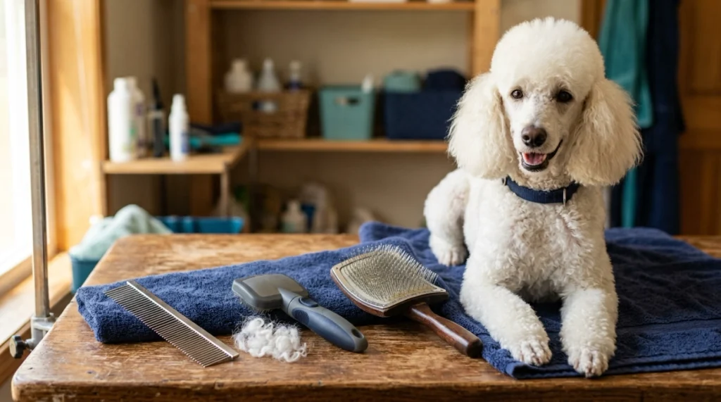 Long-pin slicker, self-cleaning slicker, and steel comb arranged beside a groomed Poodle