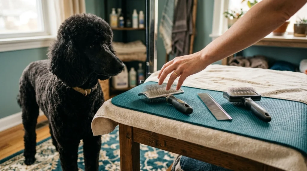 Long-pin slicker, steel comb, and self-cleaning slicker arranged beside a freshly brushed Poodle.