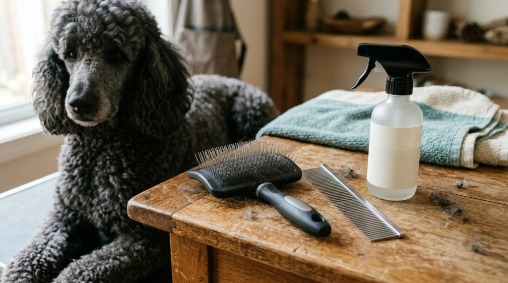 Poodle grooming kit with long-pin slicker brush, steel comb, and dog-safe detangling spray