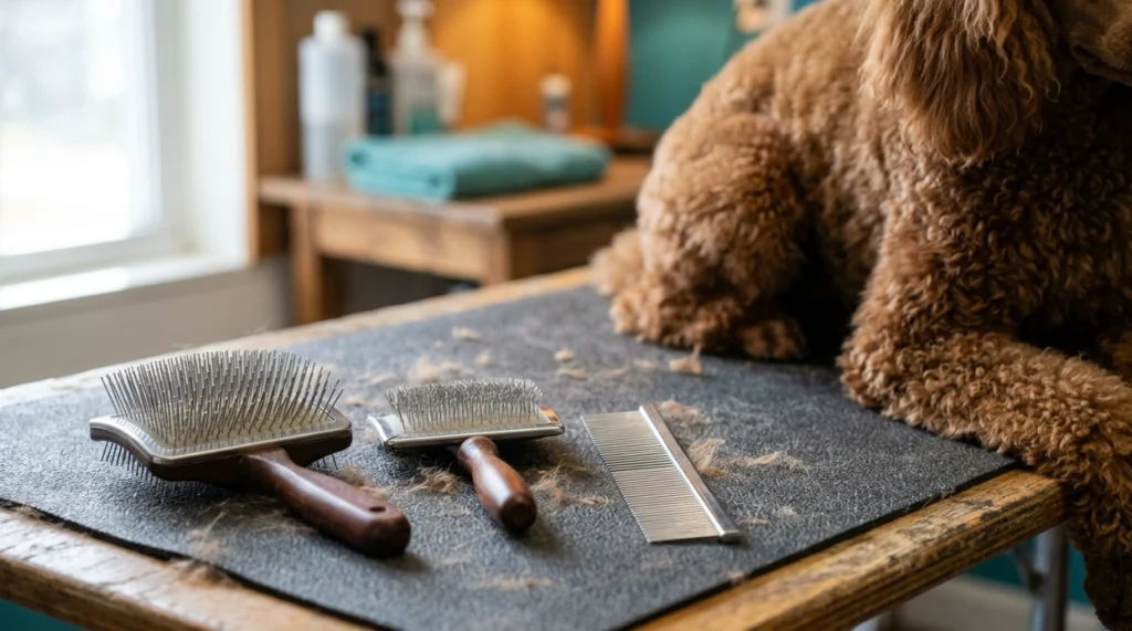 Long-pin slicker, medium slicker, and steel comb beside a curly Poodle on a grooming table.