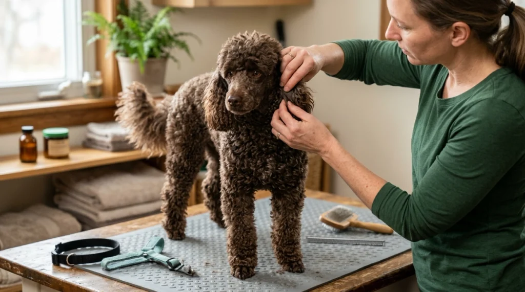 Owner checks behind a Poodle's ear where mats commonly develop from friction.
