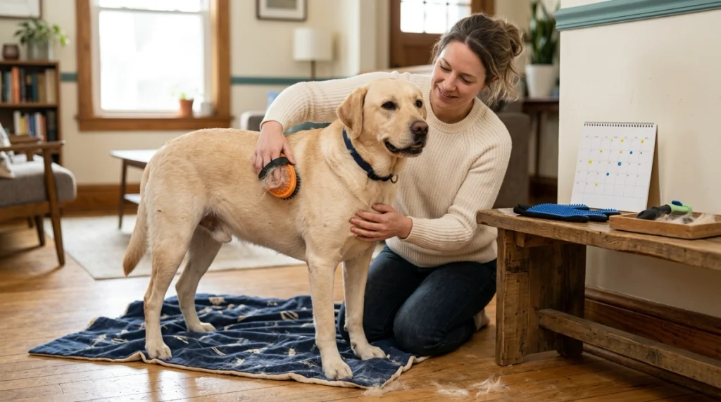 Labrador Retriever receiving a gentle weekly brushing as part of a regular grooming routine
